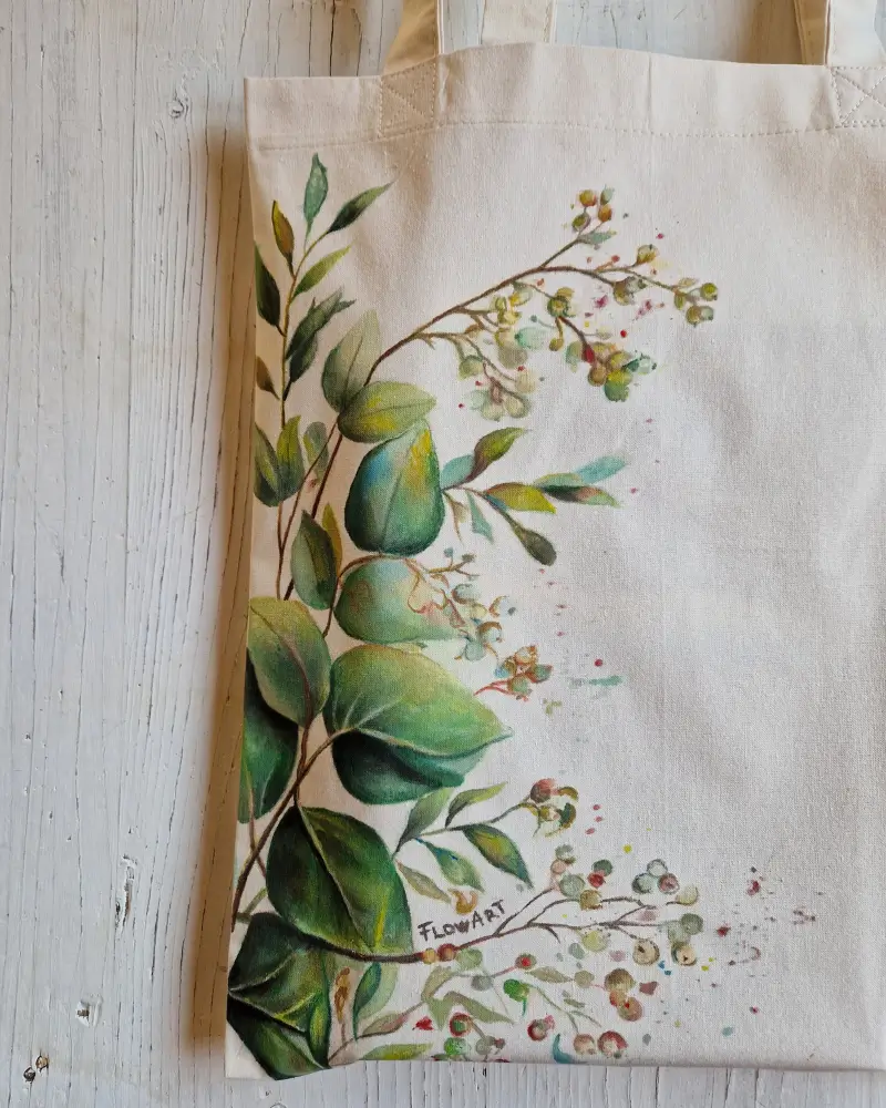 Sacoșă pictată manual cu motive de eucaliptus – design original Flow Art [6]