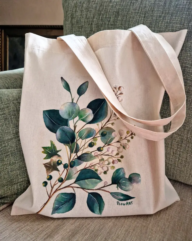 Sacoșă pictată manual – Frunze de eucalipt | Accesoriu din bumbac, fabricat în România [4]