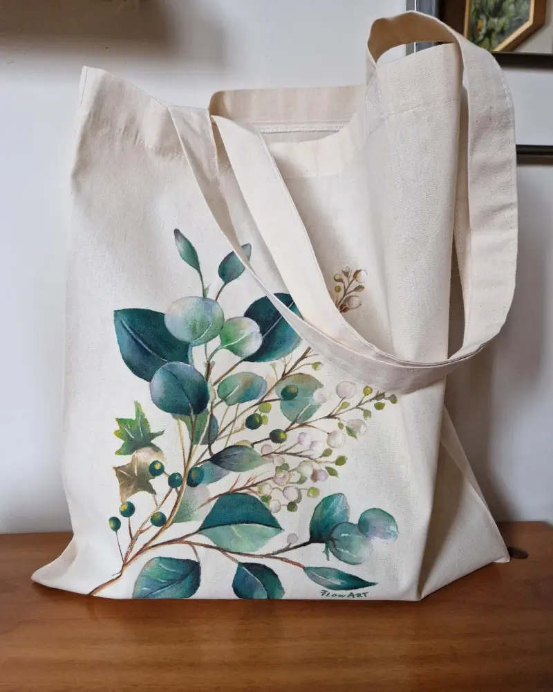 Sacoșă pictată manual – Frunze de eucalipt | Accesoriu din bumbac, fabricat în România [9]