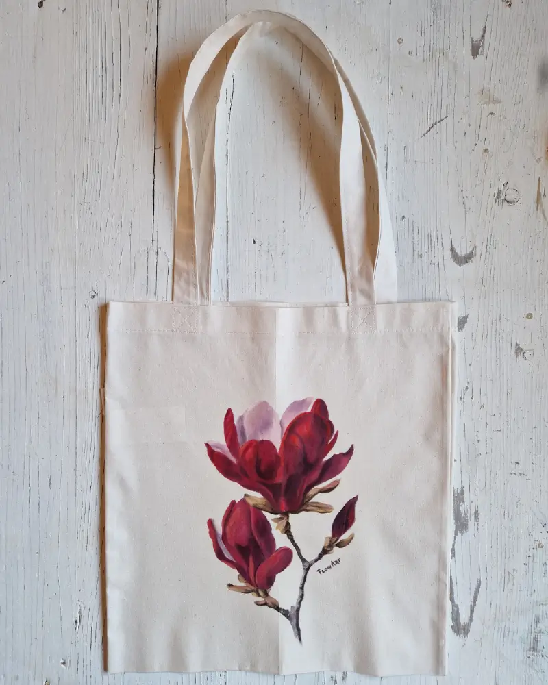 Sacoșă pictată manual cu magnolie roșie – Flow Art [6]