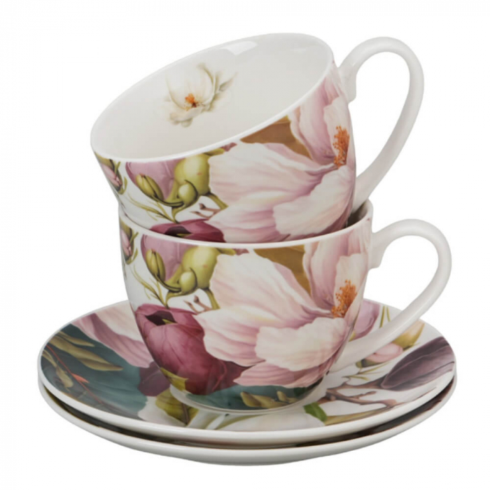 Set 2 cești 270 ml cu farfurioare – Magnolia – porțelan floral elegant [2]