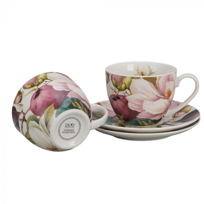 Set 2 cești 270 ml cu farfurioare – Magnolia – porțelan floral elegant [7]