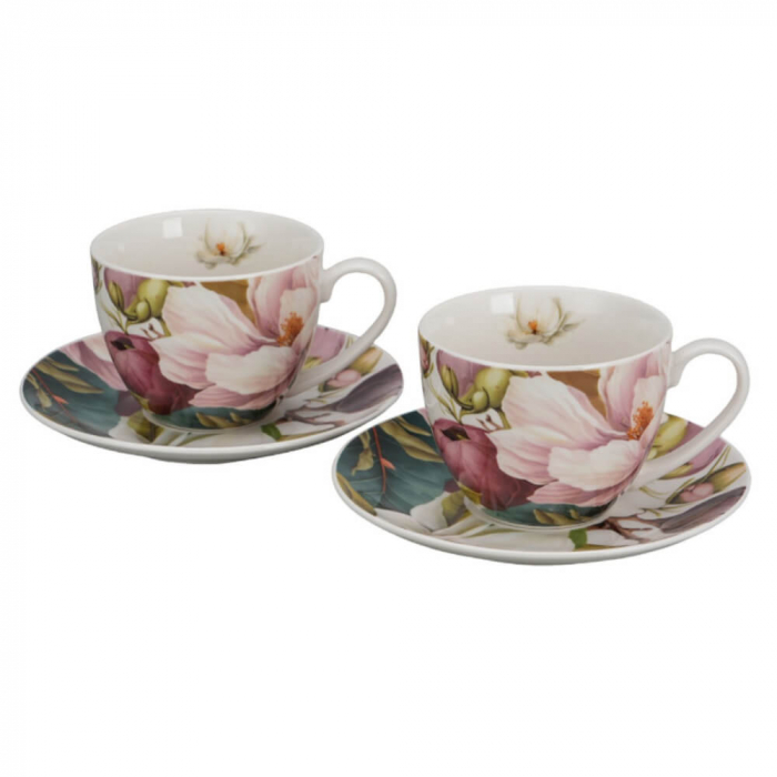 Set 2 cești 270 ml cu farfurioare – Magnolia – porțelan floral elegant [3]