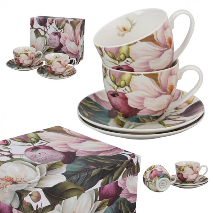 Set 2 cești 270 ml cu farfurioare – Magnolia – porțelan floral elegant [4]