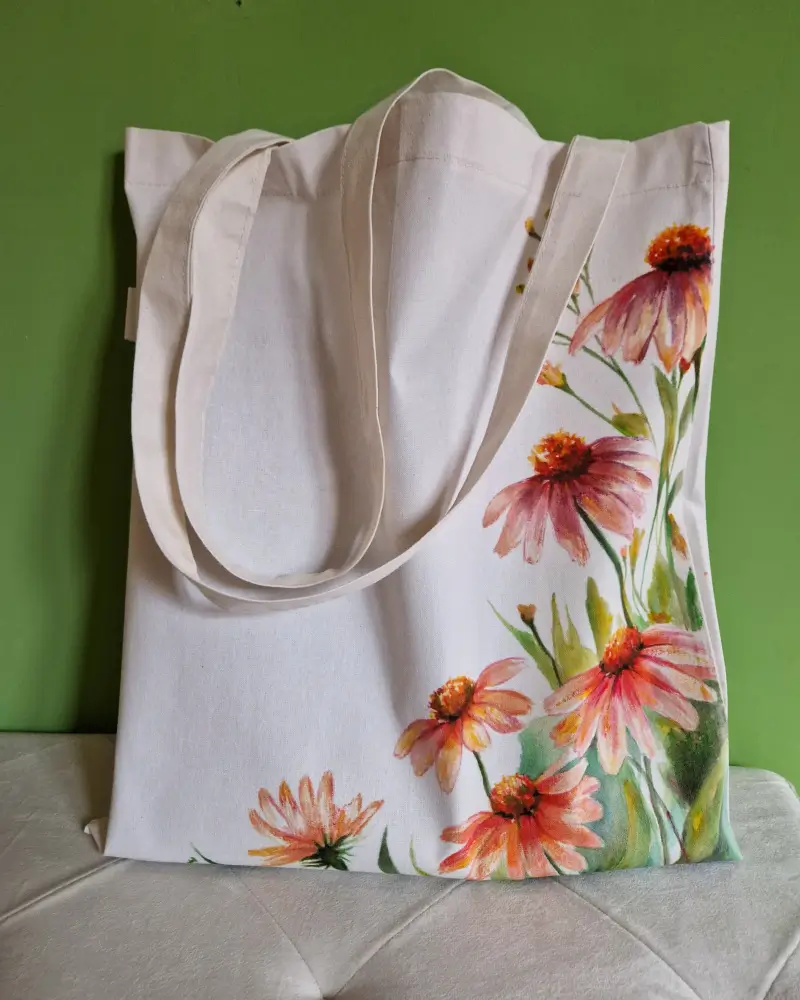 Geantă pictată manual cu flori de echinacea – design original fabricat in Romania [5]