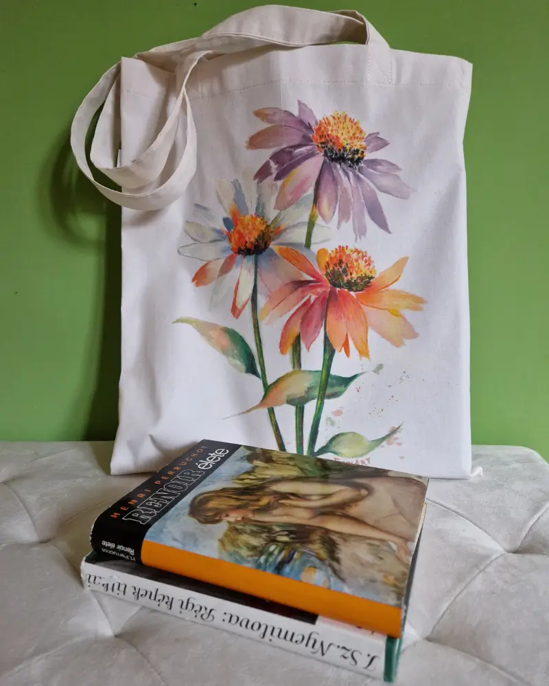 Cadouri/Decoratiuni - Sacoșă pictată manual cu flori de echinacea în culori calde – design original Flow Art