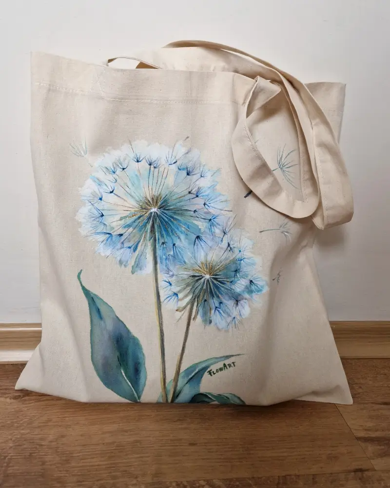 Cadouri/Decoratiuni - Sacoșă pictată manual – Păpădie | Accesoriu din bumbac, fabricat în România