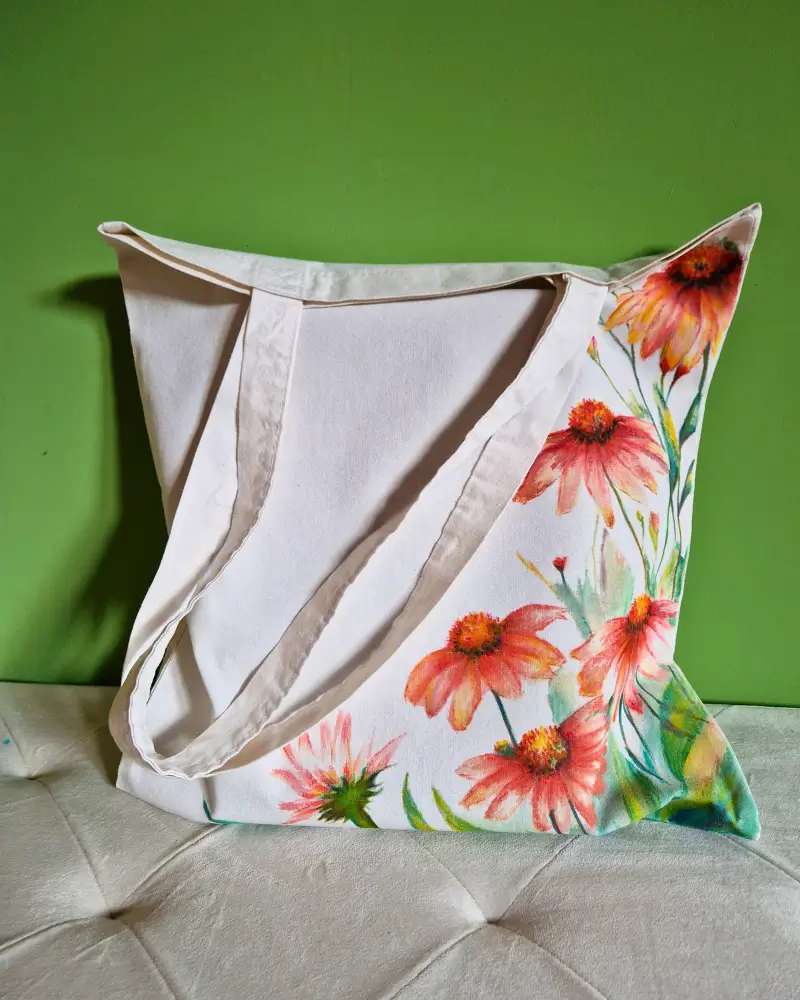 Cadouri/Decoratiuni - Geantă pictată manual cu flori de echinacea – design original fabricat in Romania