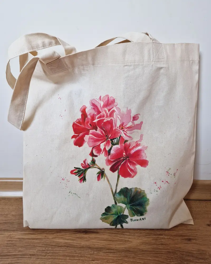 Genți pictate manual - Sacoșă pictată manual – Mușcată de vară | Fabricat în România