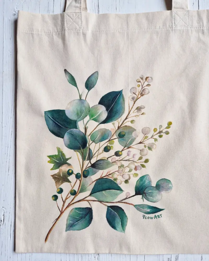 Sacoșă pictată manual – Frunze de eucalipt | Accesoriu din bumbac, fabricat în România [1]