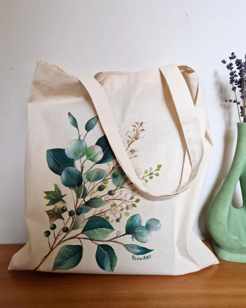 Cadouri/Decoratiuni - Sacoșă pictată manual – Frunze de eucalipt | Accesoriu din bumbac, fabricat în România