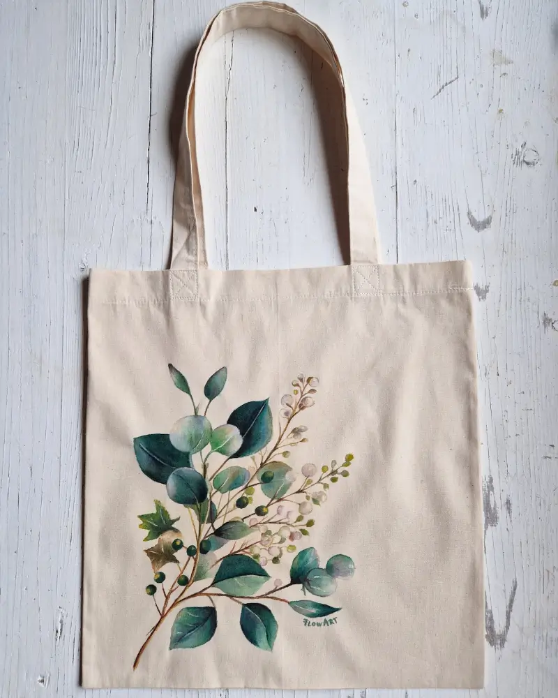 Sacoșă pictată manual – Frunze de eucalipt | Accesoriu din bumbac, fabricat în România [7]