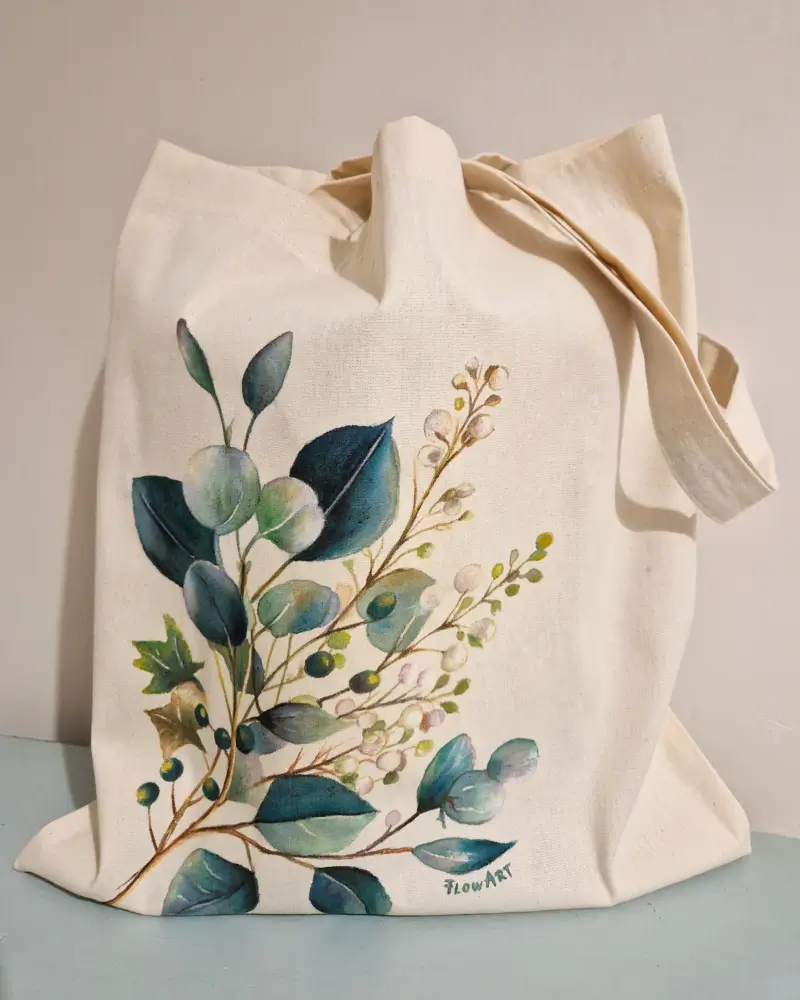 Sacoșă pictată manual – Frunze de eucalipt | Accesoriu din bumbac, fabricat în România [9]