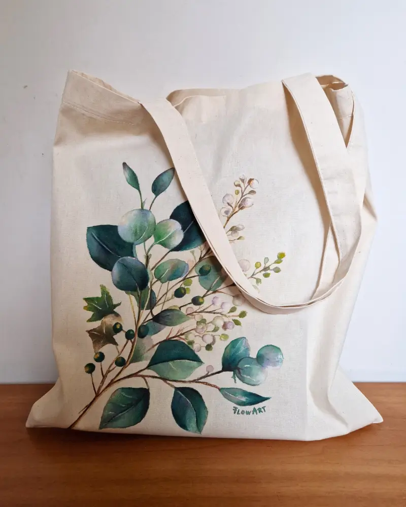 Sacoșă pictată manual – Frunze de eucalipt | Accesoriu din bumbac, fabricat în România [6]
