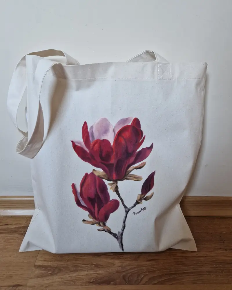 Genți pictate manual - Sacoșă pictată manual cu magnolie roșie – Flow Art