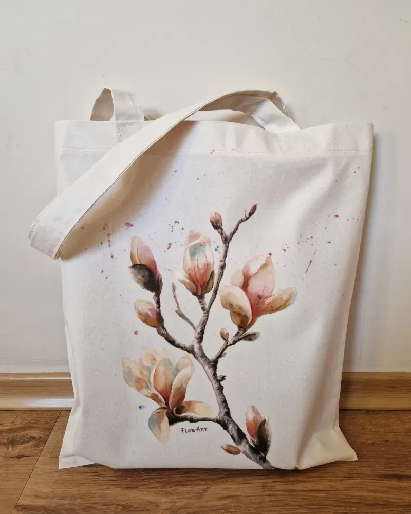Genți pictate manual - Sacoșă pictată manual cu magnolie – Flow Art