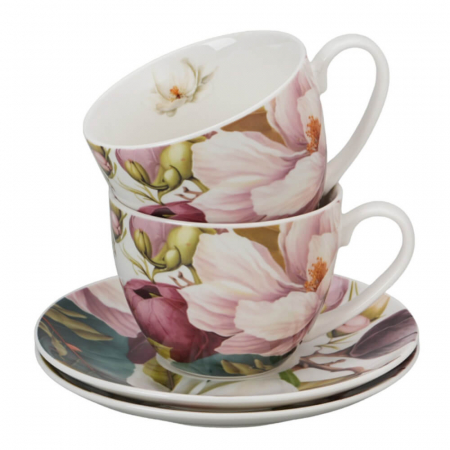 Set 2 cești 270 ml cu farfurioare – Magnolia – porțelan floral elegant [1]