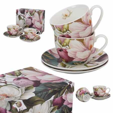 Set 2 cești 270 ml cu farfurioare – Magnolia – porțelan floral elegant [3]