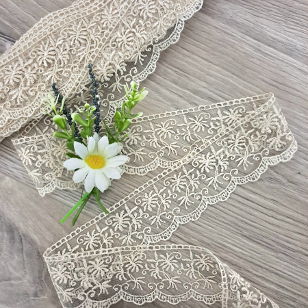Dantela Broderie - dantela tull bej broderie