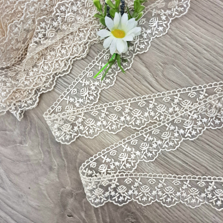 Dantela Broderie - dantela tull bej broderie trandafiri