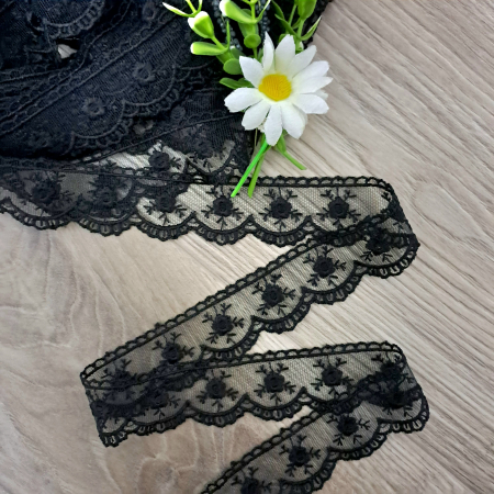 Dantela Broderie - dantela tull negru flori brodate