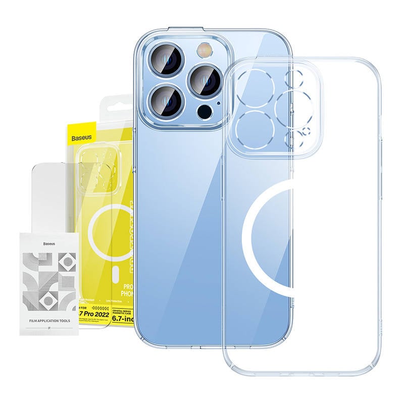 Baseus Crystal Transparent Magnetic Caz si set de sticla temperata pentru iPhone 14 Pro Max