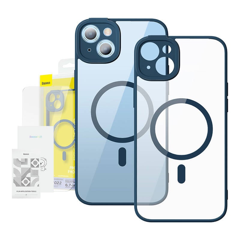 Baseus Frame Transparent Magnetic Caz si set de sticla calita pentru iPhone 14 Plus (albastru)