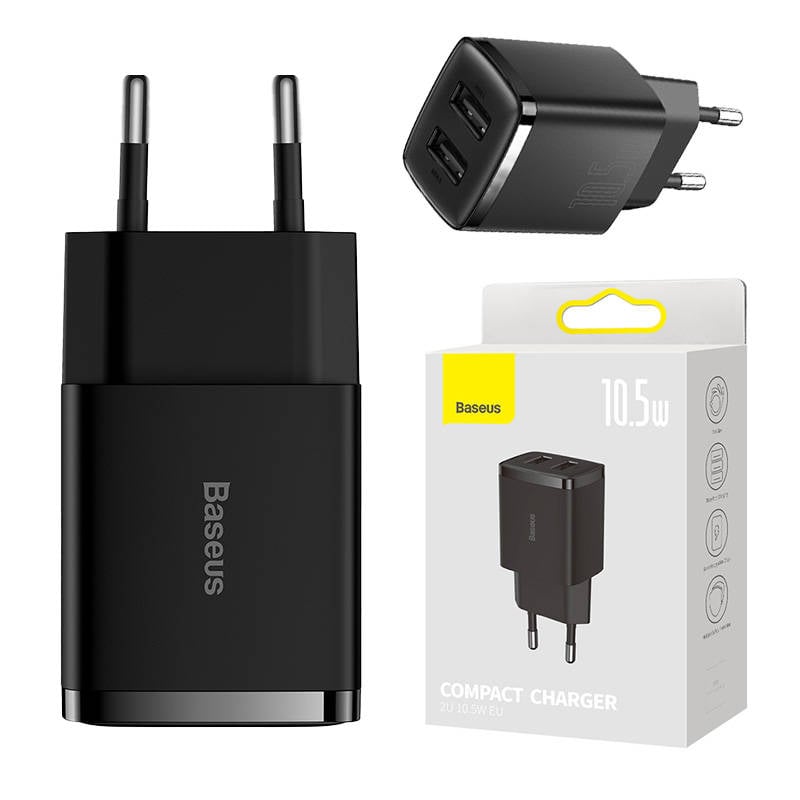 Baseus Incarcator rapid compact, 2x USB, 10.5W (negru)