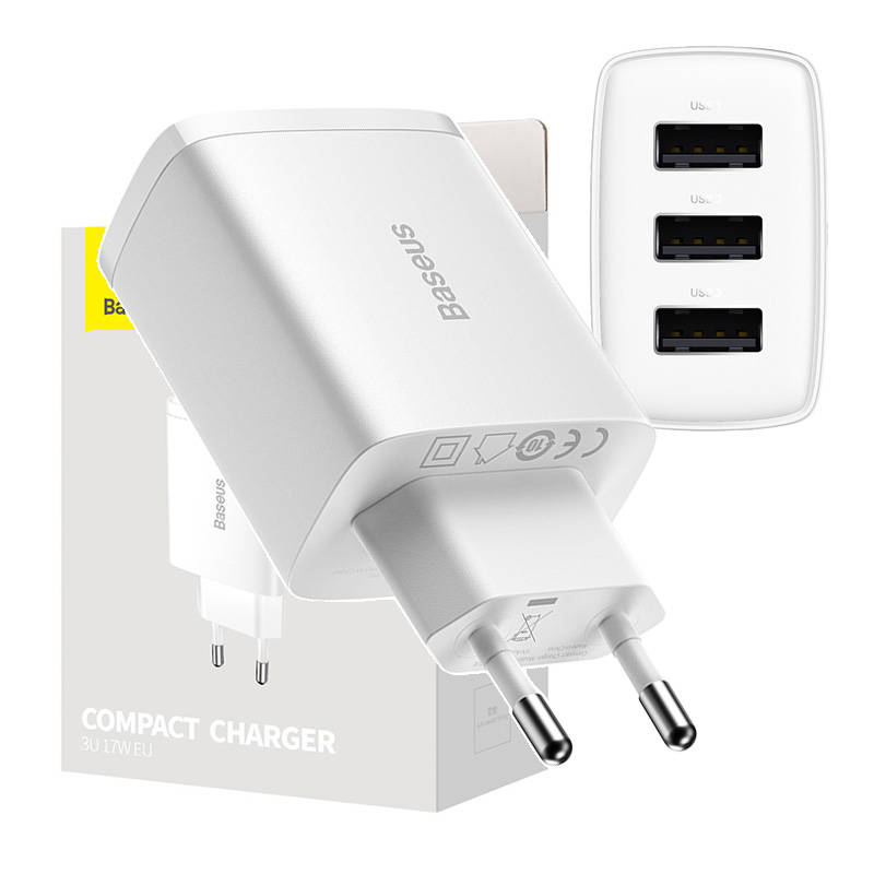 Baseus Incarcator rapid compact, 3x USB, 17W (alb)