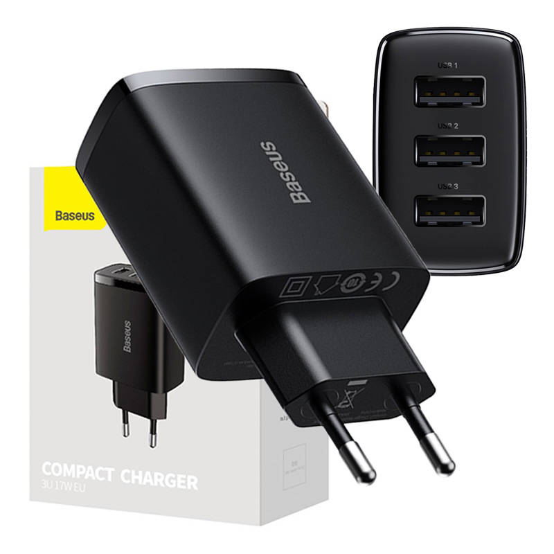 Baseus Incarcator rapid compact, 3x USB, 17W (negru)