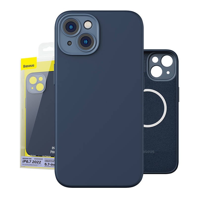 Baseus Liquid Silica Magnetic Case si set de sticla calita pentru iPhone 14 Plus (albastru)