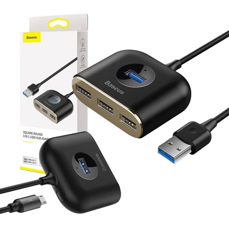 Baseus Square Round USB Adapter, HUB USB 3.0 la 1x USB 3.0 + 3x USB 2.0.1m (negru)