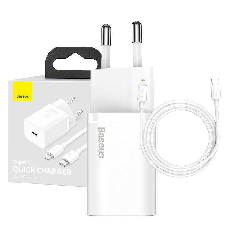 Baseus Super Si Quick Charger 1C 20W cu cablu USB-C pentru Lightning 1m (alb)