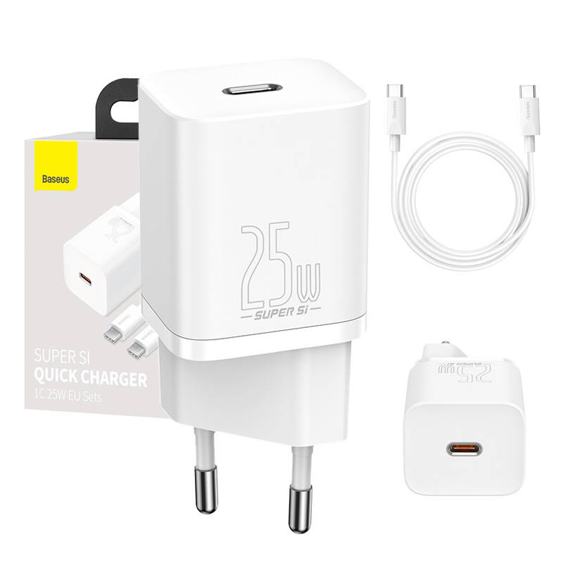 Baseus Super Si Quick Charger 1C 25W cu cablu USB-C pentru USB-C 1m (alb)