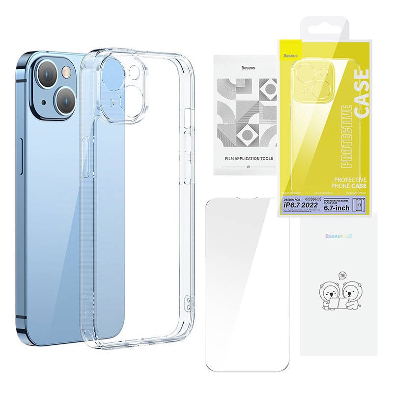 Baseus SuperCeramic Transparent Glass Case si set de sticla temperata pentru iPhone 14 Plus