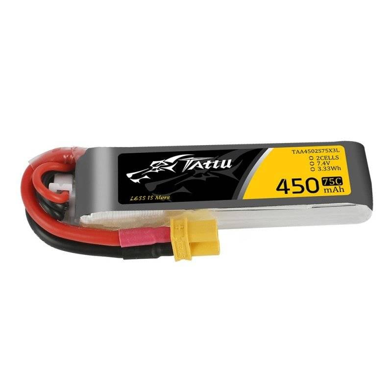 Baterie LiPo Tattu 450mAh 7.4V 75C 2S1P cu conector XT30, ideala pentru drone si modelism, performanta ridicata si greutate usoara, 29g.