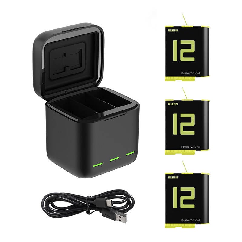 Box Telesin incarcator cu trei canale + 3 baterii pentru GoPro Hero 12 11 10 9 (GP-BNC-902-B)