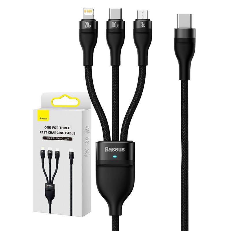 Cablu USB 3in1 Baseus Flash Series 2, USB-C + micro USB + Lightning, 100W, 1.5m (negru)