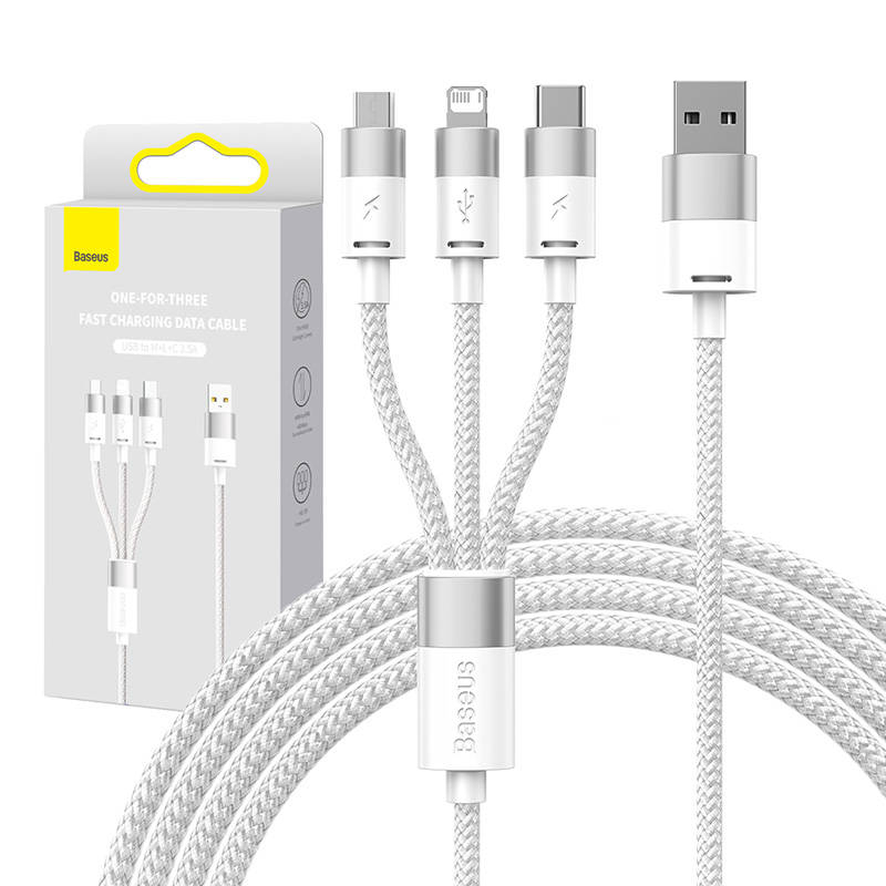 Cablu USB 3in1 Baseus StarSpeed Series, USB-C + Micro + Lightning 3,5A, 1,2m (alb)