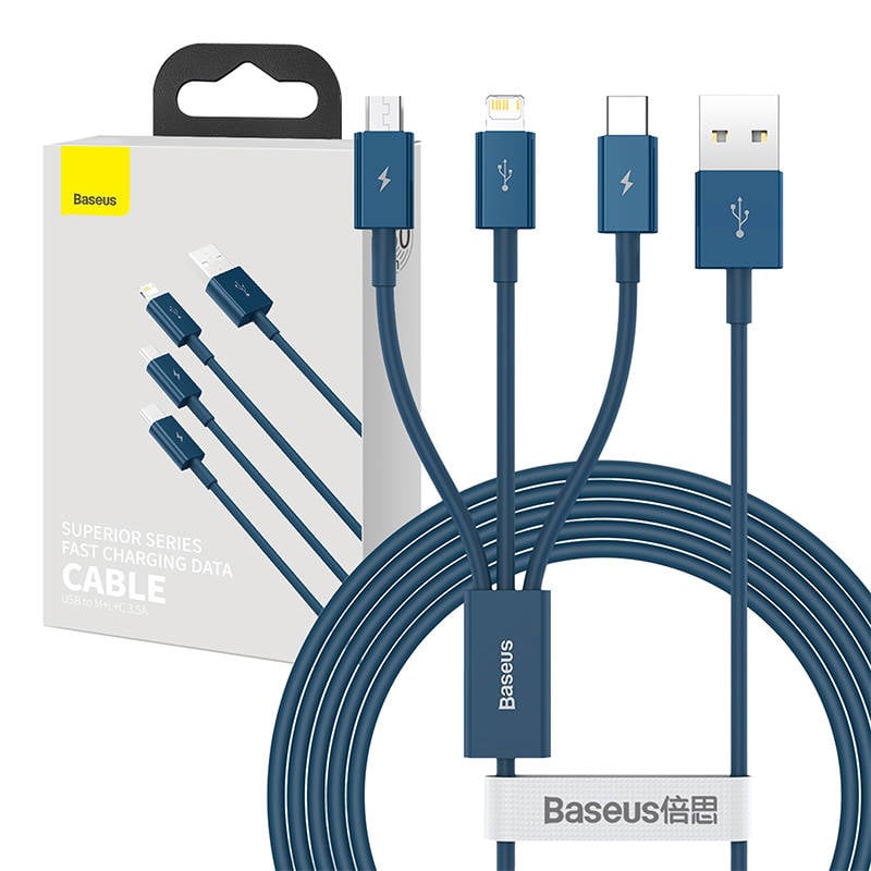 Cablu USB 3in1 Baseus Superior Series, USB la micro USB USB-C Lightning, 3,5 A, 1,2 m (albastru)