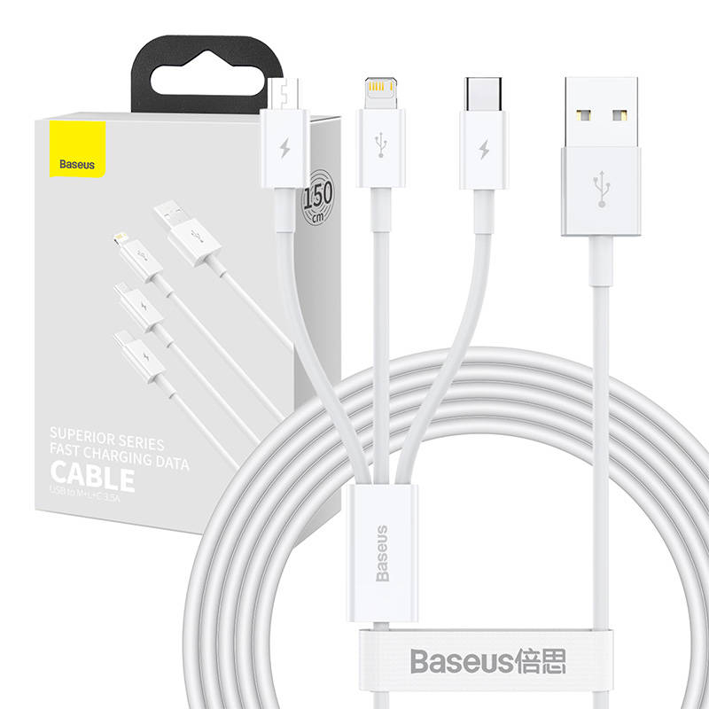 Cablu USB 3in1 Baseus Superior Series, USB la micro USB USB-C Lightning, 3,5 A, 1,5 m (alb)