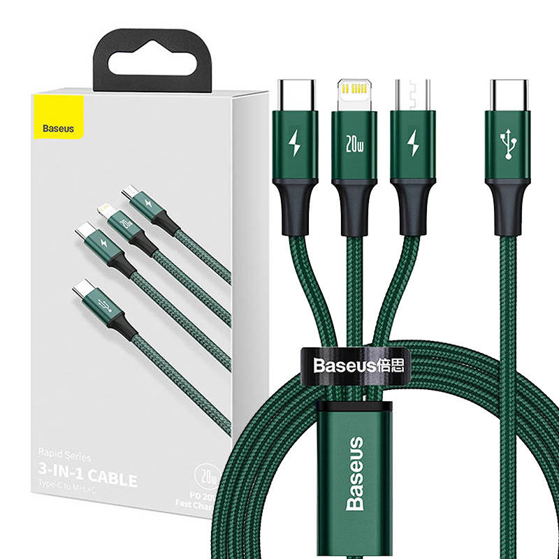 Cablu USB-C 3 in 1 Baseus Rapid Series, micro USB Lightning USB-C, 20W, 1.5m, Verde