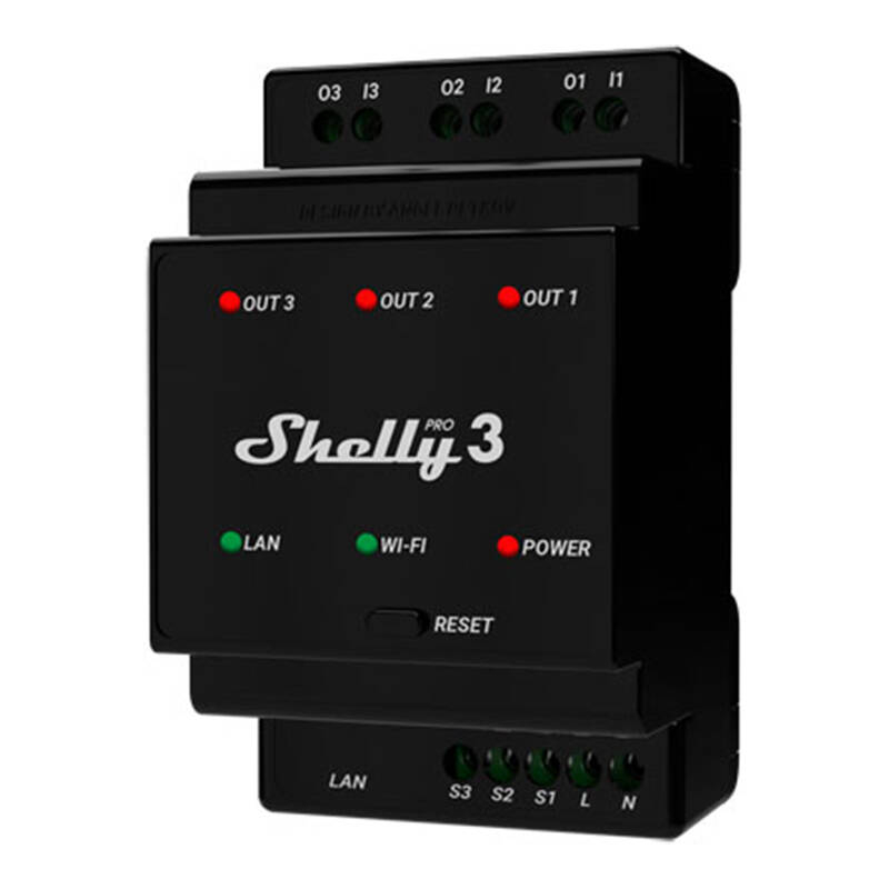 Comutator inteligent pentru sina DIN Shelly Pro 3 cu contacte uscate, 3 canale