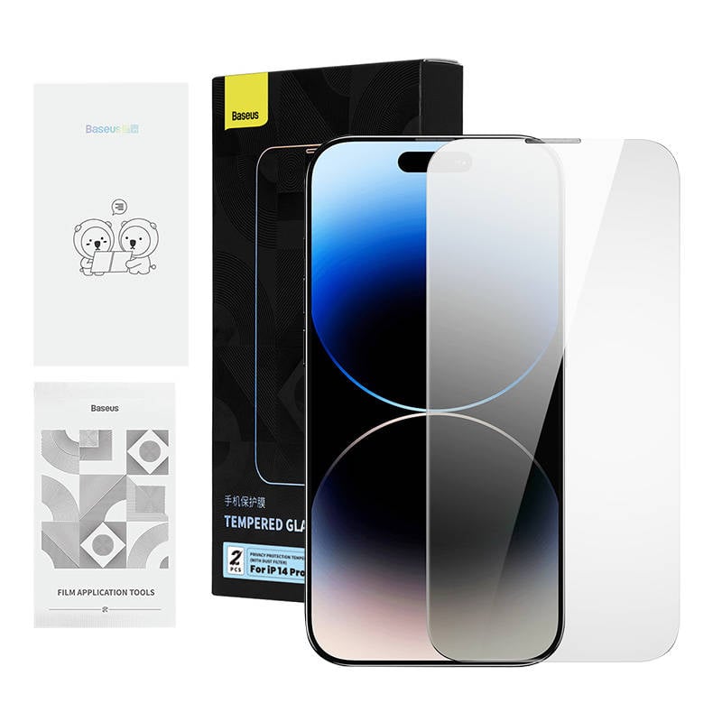 Folie din sticla securizata cu filtru privacy Baseus pentru iPhone 14 Pro Max (2 bucati) cu 2 kituri de curatare si instrument de instalare rezistent la praf