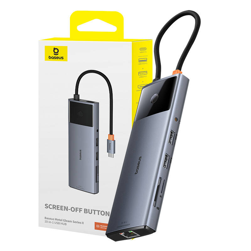 Hub 10in1 Baseus Metal Gleam II Series, USB-C catre 1xHDMI, USB-A (10Gbps), USB-C, 2xUSB-A, Ethernet RJ45, card SD TF, mini-jack 3,5mm, USB-C(PD)