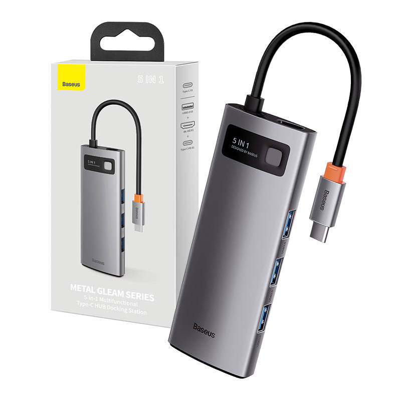 Hub 5in1 Baseus Metal Gleam Series, USB-C la 3x USB 3.0 + HDMI + USB-C PD