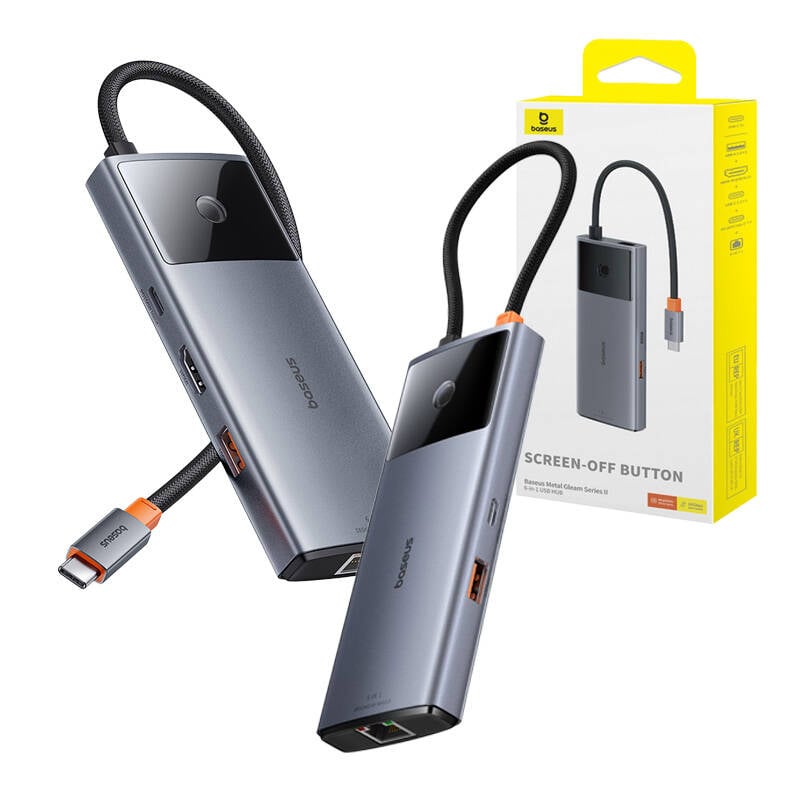 Hub 6in1 Baseus Metal Gleam Seria 2, USB-C la 2xUSB 3.0 +USB-C + HDMI + USB-C PD + Ethernet RJ45