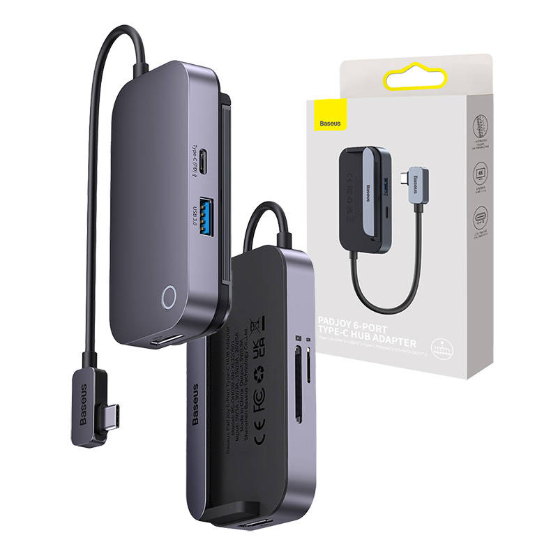 Hub 6in1 Baseus PadJoy Series USB-C la USB 3.0 + HDMI + USB-C PD + mufa 3,5 mm + SD TF (gri)