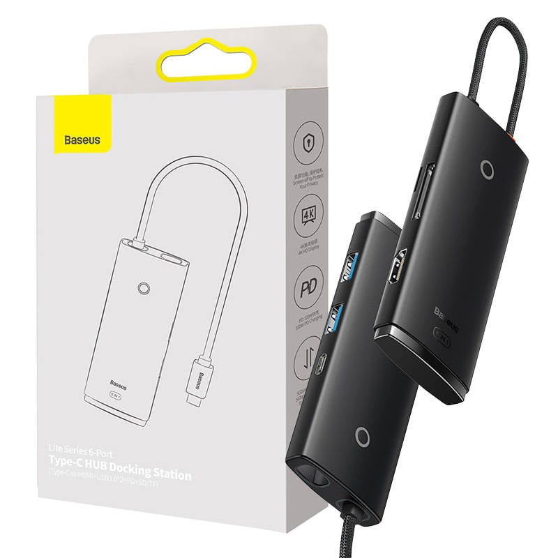 Hub 6w1 Baseus Lite Series USB-C la 2x USB 3.0 + USB-C PD + HDMI + SD TF (negru)