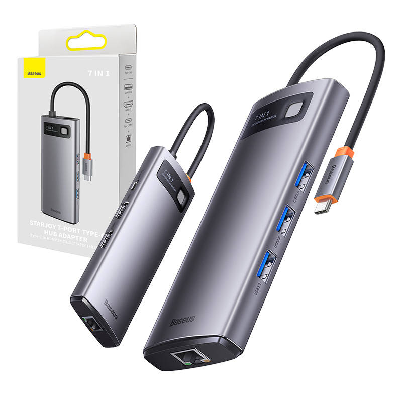 Hub 7in1 Baseus Metal Gleam Series, USB-C la 3x USB 3.0 + HDMI + USB-C PD + VGA + Ethernet RJ45